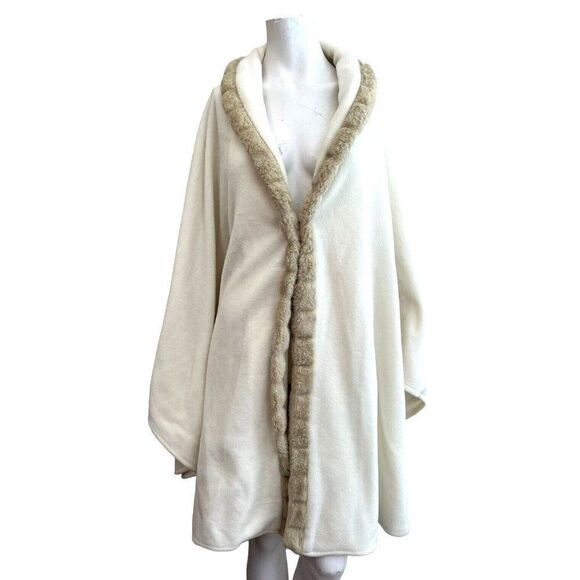 Sweet Magnolia Ivory Long Cape Fleece Faux Fur Trim One Size Arm Holes Hook Coat - Picture 1 of 5